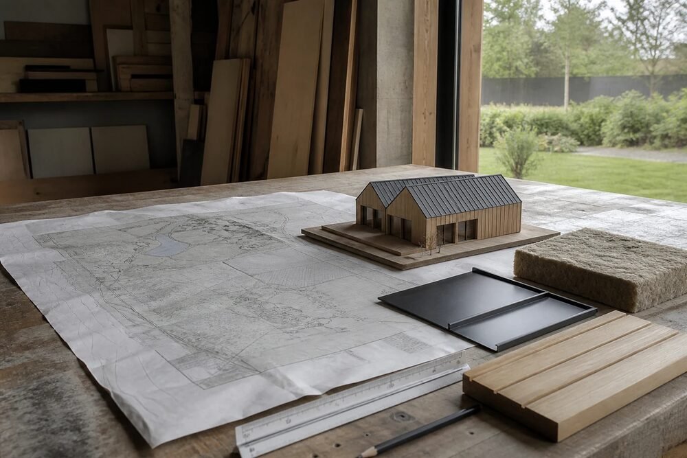Plan de terrain, maquette de maison bois et échantillons de matériaux sur une table d’étude