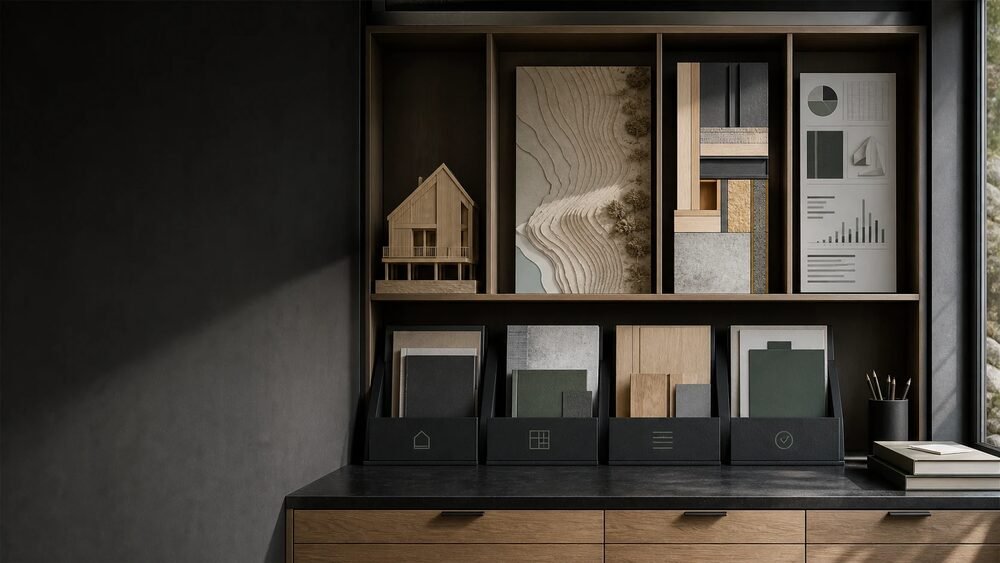 Bibliothèque de projet organisée avec maquette de maison, plan de terrain et échantillons constructifs
