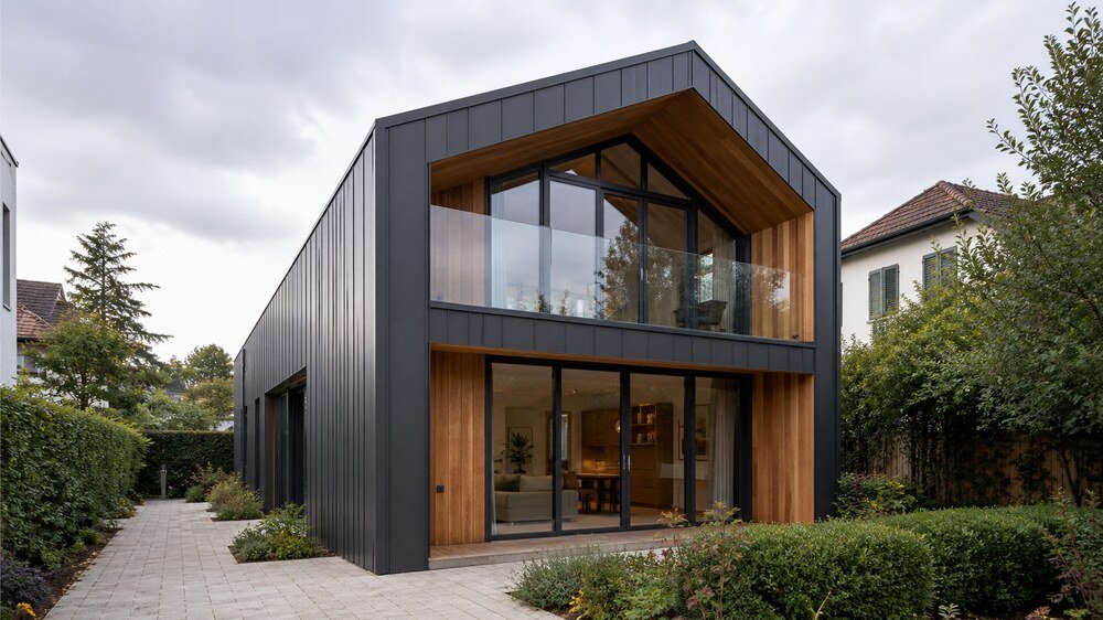 Architecture de référence du modèle Belvédère : maison à deux niveaux, façade vitrée et balcon en verre