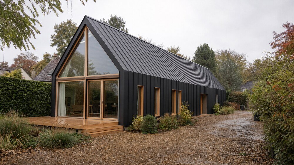 Architecture de référence du modèle Monolithe : maison longiligne anthracite à pignon vitré