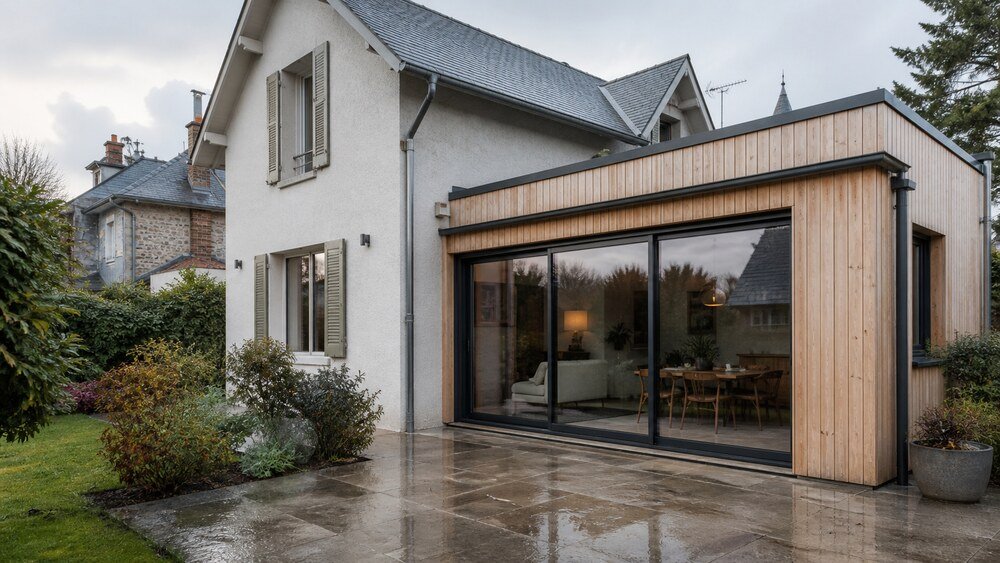 Architecture de référence : extension en bois reliée à une maison rénovée à Cabourg