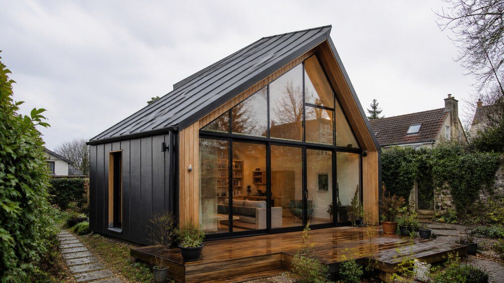 Architecture de référence : maison compacte en ossature bois de 40 m², à toit à double pente asymétrique et façade entièrement vitrée