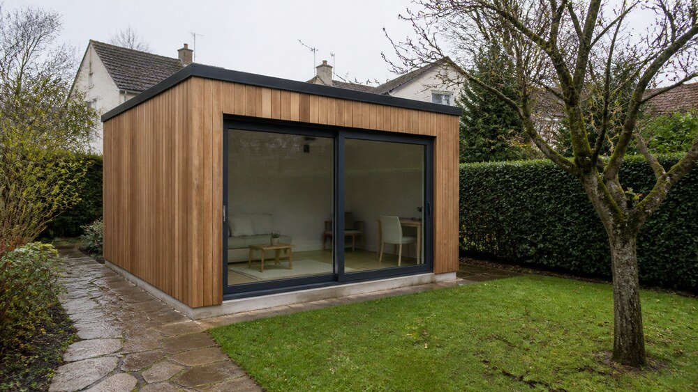 Architecture de référence : studio de jardin en ossature bois à toit plat, ouvert sur un jardin résidentiel