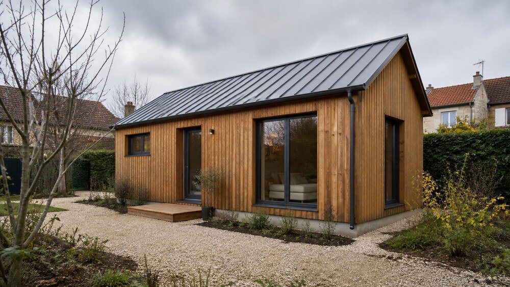 Architecture de référence : tiny house en ossature bois intégrée à un jardin résidentiel