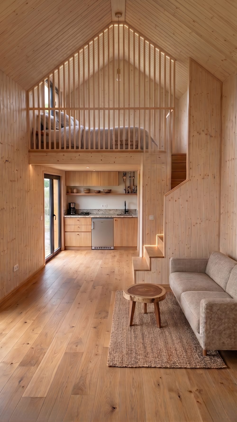 Intérieur d’une maison compacte à ossature bois, mezzanine sous le faîtage, cuisine, escalier et séjour, lambris et parquet clairs