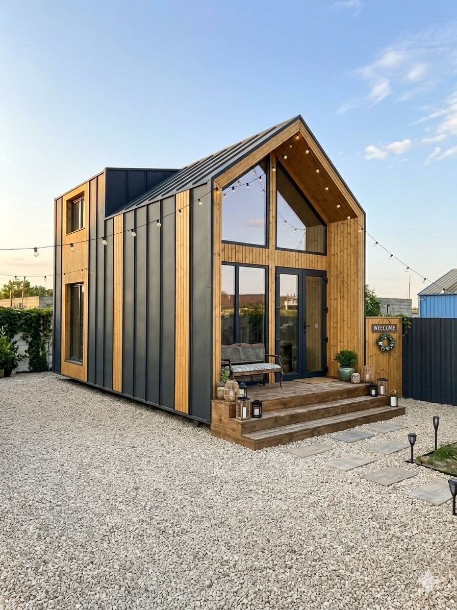 Petite maison à ossature bois, bardage bois et métal anthracite, pignon entièrement vitré, terrasse en bois à marches et cour en gravier