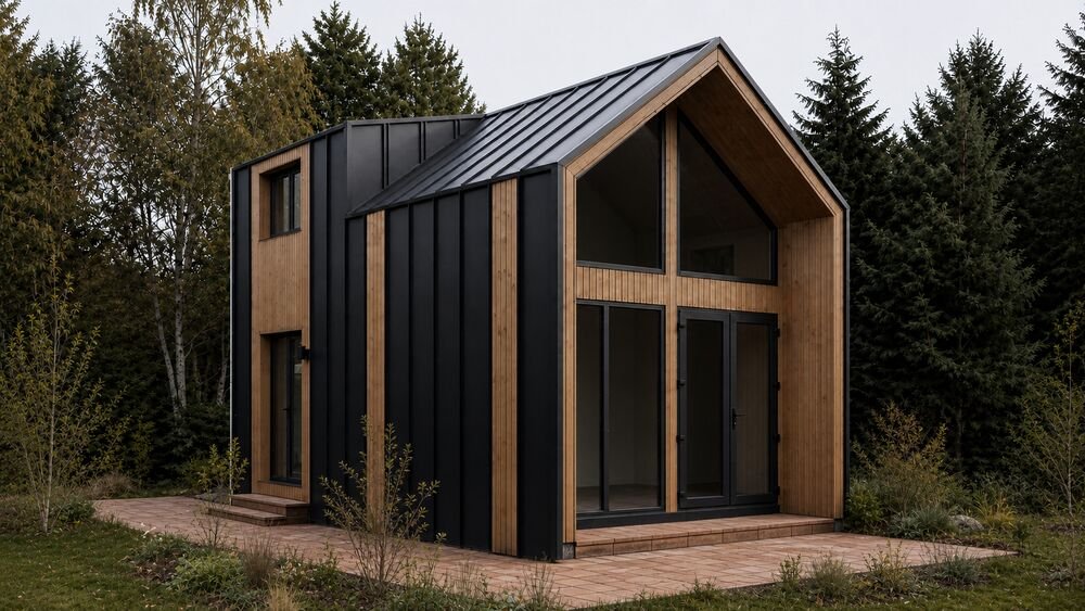 Maison contemporaine d’inspiration scandinave, en bois et métal anthracite, avec une grande façade vitrée