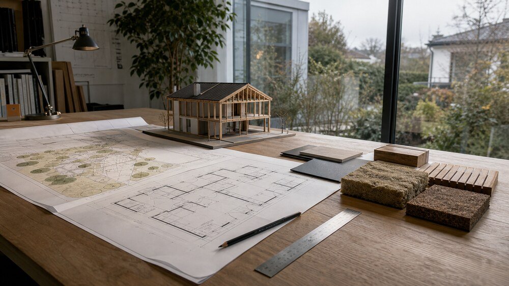 Plans, maquette de maison à ossature bois et échantillons de matériaux réunis sur une table d’étude.